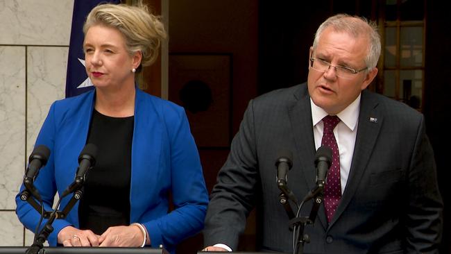 Minister for Agriculture Bridget McKenzie and Prime Minister Scott Morrison at Parliament House in Canberra.