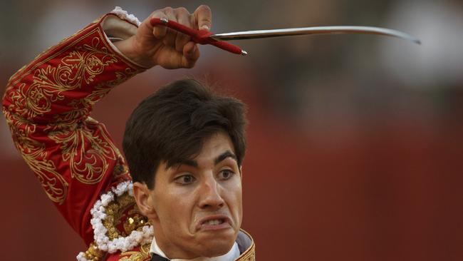 Baby faced Lorenzo uses his sword to kill an Alcurrucen ranch fighting bull. Picture: Daniel Ochoa de Olza