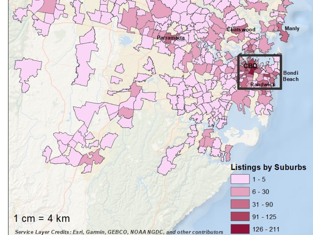 Sydney shared housing demand by suburbs Source: Flatmates people’s listings Aug 2020