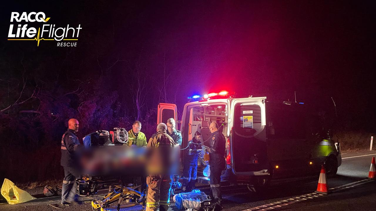 An off-duty paramedic, local QAS and rescue helicopter crew treated the man after a single vehicle crash in the Gladstone region.