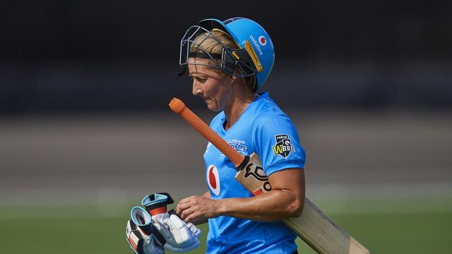 SYDNEY, AUSTRALIA - DECEMBER 01: Sophie Devine of the Strikers walks from the field after being dismissed by Erin Burns of the Sixers during the Women's Big Bash League match between the Adelaide Strikers and the Sydney Sixers at Hurstville Oval on December 01, 2019 in Sydney, Australia. (Photo by Brett Hemmings/Getty Images)