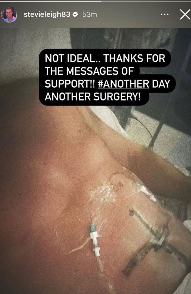 Former Geelong Footballer Steve Johnson posted a picture from hospital showing his injuries after stabbing himself with a knife. Picture: Instagram.