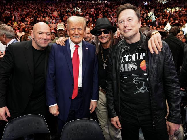 (L-R) Joe Rogan, President-elect Donald Trump, Kid Rock and Elon musk during the UFC 309 event at Madison Square Garden in New York City. Picture: Zuffa LLC