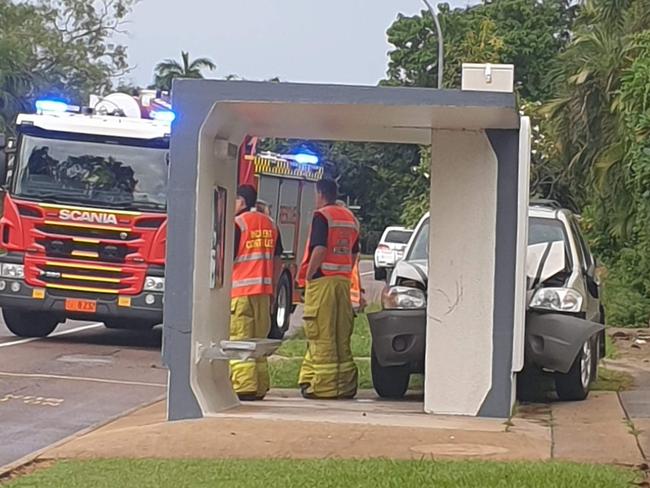 A car crashed into a bus stop on Leanyer Dr. Picture: SUPPLIED