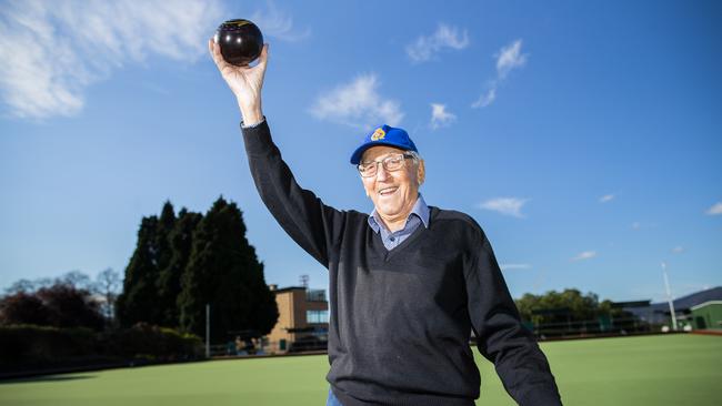 Brain Winspear celebrating his 99th birthday playing bowls at the Royal Hobart Bowling Club. Picture: RICHARD JUPE