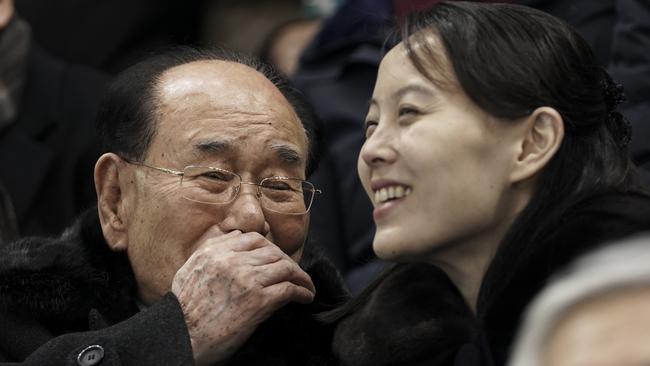 Kim Yo-jong, sister of North Korean leader Kim Jong-un, right, and North Korea's nominal head of state Kim Yong Nam. Picture: AP Photo/Felipe Dana.