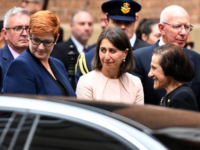 Federal Minister for Defence Marrise Paine, Premier Gladys Berejiklian and Governor Marie Bashir after Sir Nicholas’s funeral yesterday. Picture: AAP