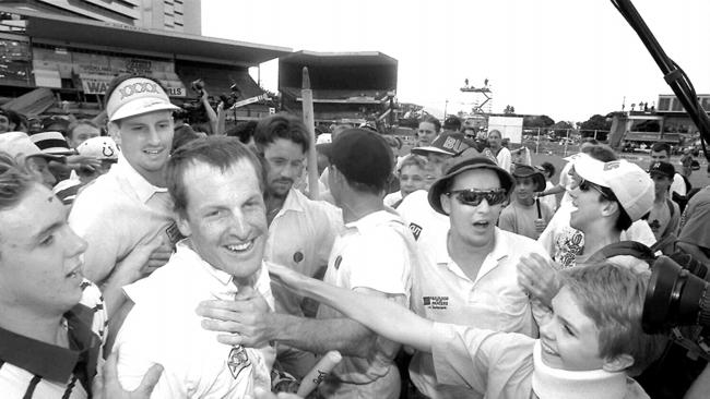 Wade Seccombe, wicket keeper, celebrating a Sheffield Shield final win.