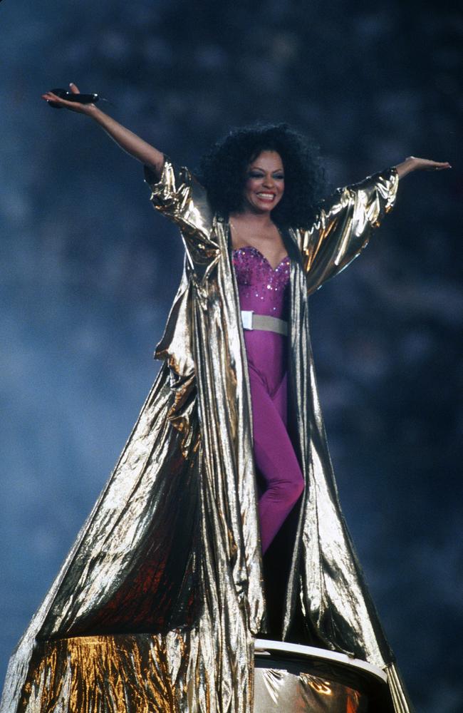 1996: Diana Ross lit up the stage in gold for her half time performance in Tempe, Arizona. Picture: Focus on Sport/Getty Images