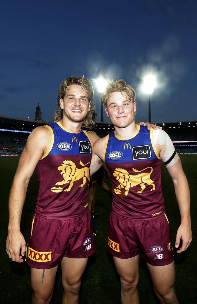 Will and Levi Ashcroft after Levi’s debut on Saturday. Picture: Darrian Traynor/AFL Photos/via Getty Images.