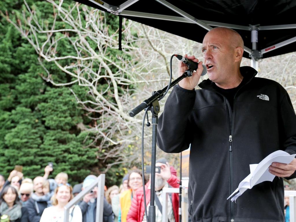 Richard Flanagan speaks at the Mountain Mayday Rally at the Cascade Gardens. Picture: PATRICK GEE