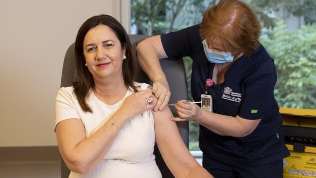 Queensland Premier Annastacia Palaszczuk is the last of the state and territory leaders to receive a vaccine. Picture: Sarah Marshall / NCA NewsWire