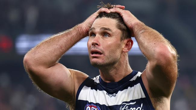 MELBOURNE, AUSTRALIA - MAY 04: Tom Hawkins of the Cats looks dejected after losing the round eight AFL match between Melbourne Demons and Geelong Cats at Melbourne Cricket Ground, on May 04, 2024, in Melbourne, Australia. (Photo by Quinn Rooney/Getty Images)