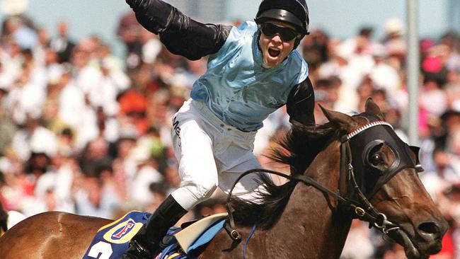 Kerrin McEvoy winning his first Melbourne Cup aboard Brew in 2000.