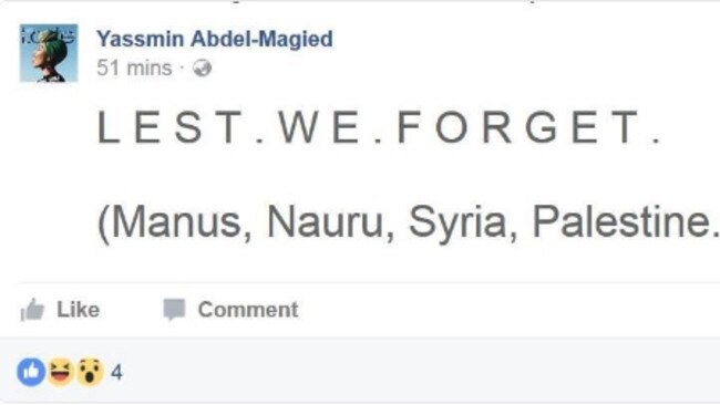 Yassmin Abdel-Magied’s controversial, and since deleted, Anzac Day Facebook post.