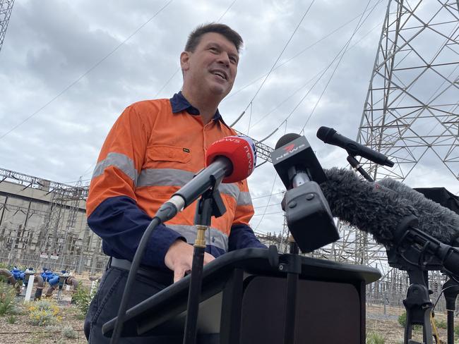 AGL managing director and CEO Brett Redman announcing AGL will start work this year on a 250-megawatt battery at Torrens Island. Picture Kathryn Bermingham