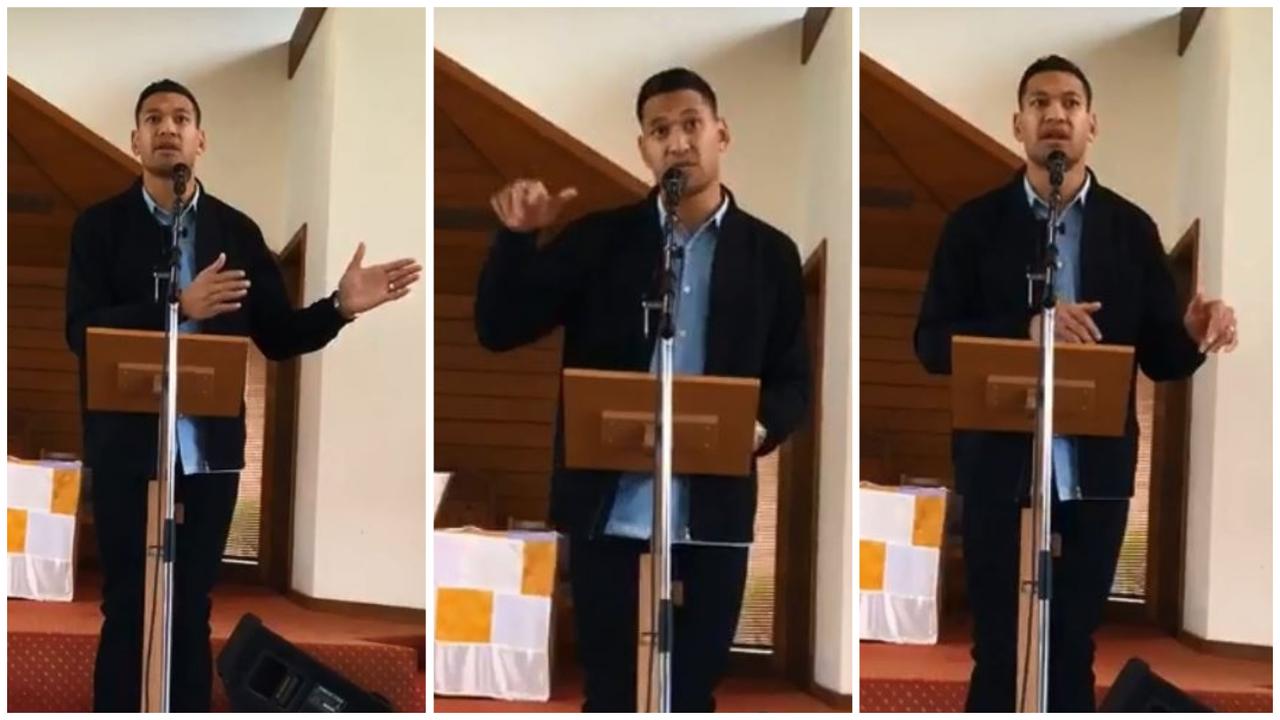 Israel Folau during a sermon at his Sydney church on Sunday.