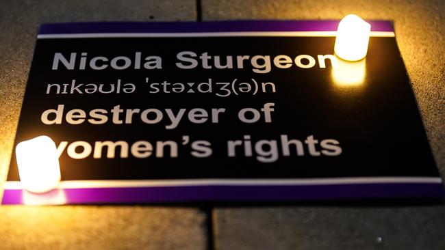 A sign reading Nicola Sturgeon, destroyer of women's rights placed during a candle lit vigil outside the Scottish Parliament. Picture: Getty Images.