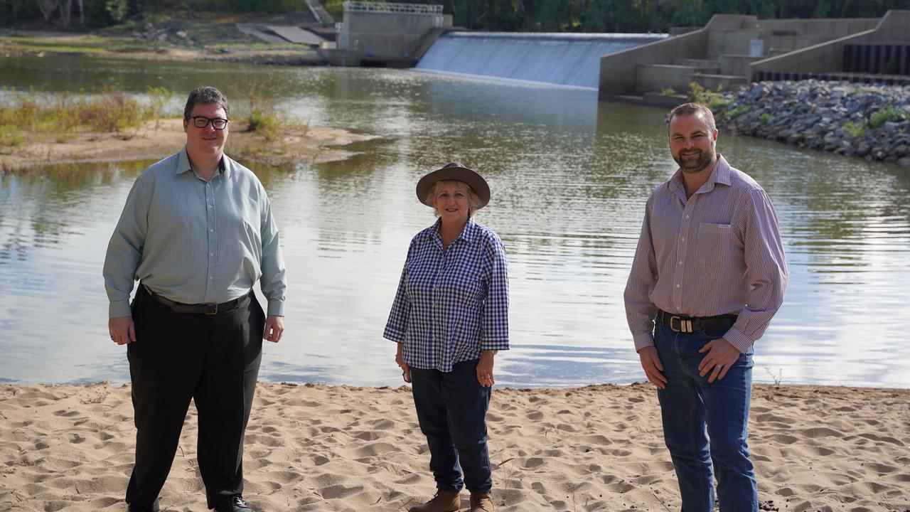 Dawson MP George Christensen (left), Capricornia MP Michelle Landry and Bowen River Utilities General Manager John Cotter tour Collinsville near the Urannah Dam site. Mr Cotter hopes to secure $483m from the federal government to help build out the Urannah Dam.