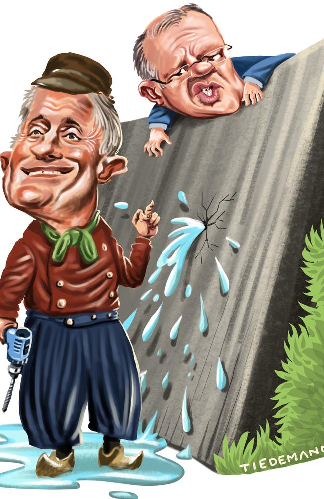 Little Dutch boy Malcolm Turnbull contemplates putting his middle finger in the dyke of PM Scott Morrison’s Liberal party to stop leaks of his own making. Art: John Tiedemann