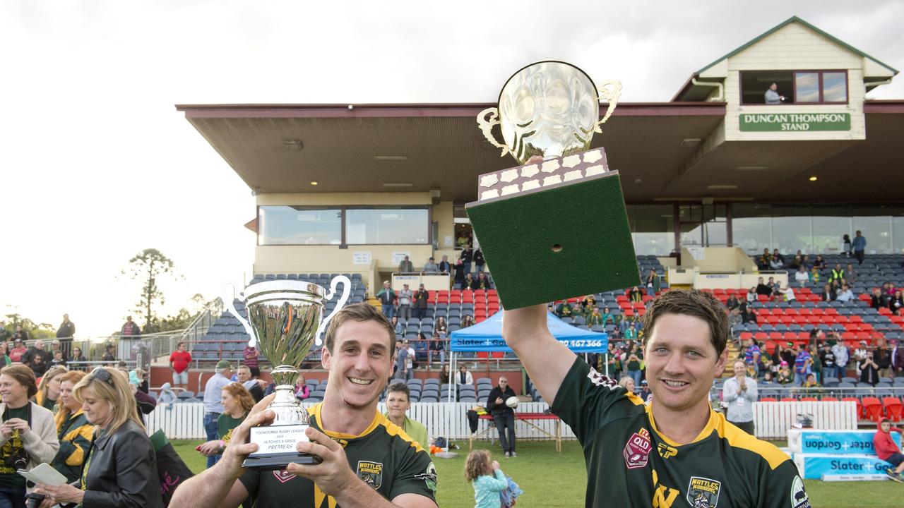 Matt Duggan and Aaron Scheid, Wattles. TRL Grand Final, Wattles vs Dalby Diehards. Sunday, Sep 27, 2015. Photo Nev Madsen / The Chronicle