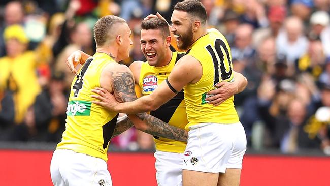 Shane Edwards (left) celebrates a Tiger goal. Picture: Getty Images