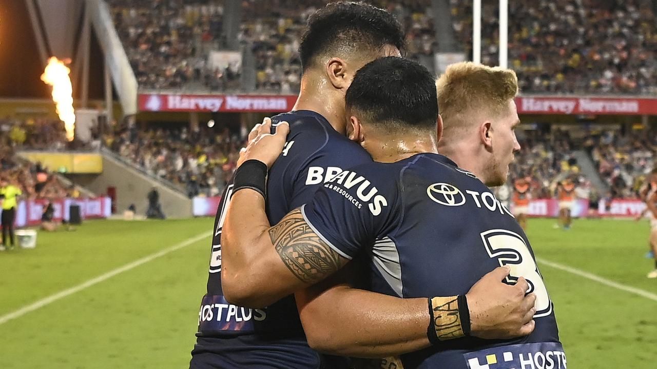 Cowboys players celebrate during their huge win over the Tigers. Picture: Getty