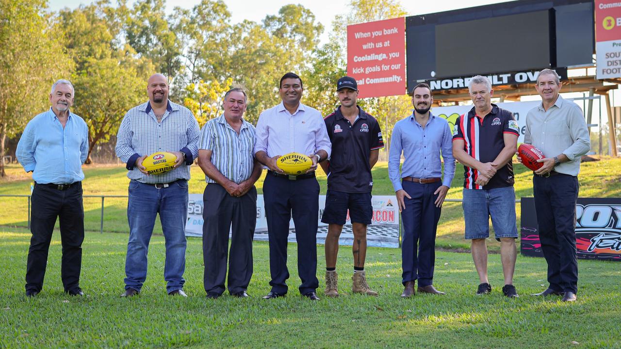 Stephen Hoyne (Litchfield Council CEO), Chris Civitarese (Litchfield Council Councillor) , Doug Barden (Litchfield Council Mayor), Jinson Charls (Minister for People, Sport and Culture), Michael Bowden (SDFC player), Andrew Mackay (Member for Goyder), Kevin Mulvahil (SDFC President), Gerard Maley (Deputy Chief Minister and Member for Nelson) at the Norbuilt Oval lights development announcement.