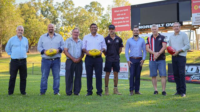 Stephen Hoyne (Litchfield Council CEO), Chris Civitarese (Litchfield Council Councillor) , Doug Barden (Litchfield Council Mayor), Jinson Charls (Minister for People, Sport and Culture), Michael Bowden (SDFC player), Andrew Mackay (Member for Goyder), Kevin Mulvahil (SDFC President), Gerard Maley (Deputy Chief Minister and Member for Nelson) at the Norbuilt Oval lights development announcement.