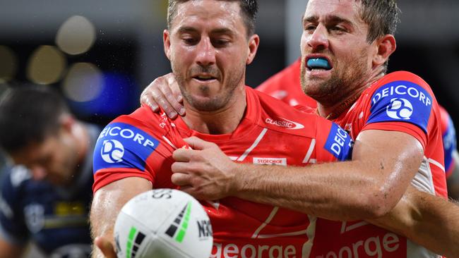 North Queensland Cowboys against St George Illawarra at Queensland Country Bank Stadium. Dragons Ben Hunt scores try and celebrates with Andrew McCullough. Picture: Evan Morgan