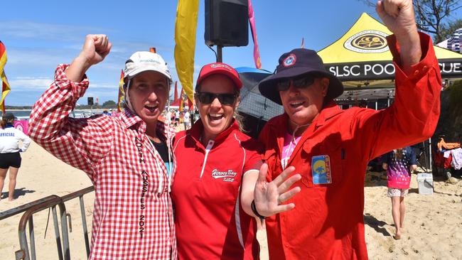 Ron Thomas, Fiona Campbell and Kym Lingard at day two of the Senior and Masters division of the 2023 Queensland Surf Life Saving Championships at Mooloolaba. Photo: Elizabeth Neil