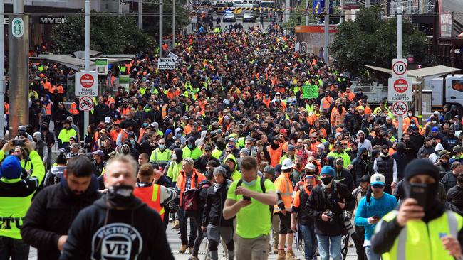 Thousands of construction workers march through the city. Picture: Aaron Francis