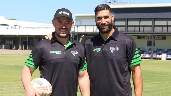 Incoming Townsville Blackhawks coach Terry Campese with 2024 signing James Tamou. Picture: Supplied.