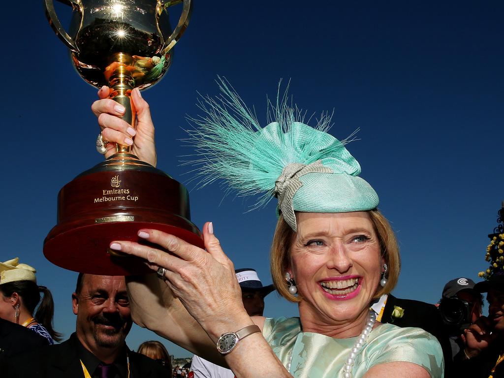 Gai Waterhouse holds alot the Melbourne Cup after winning with Fiorente in 2013. Picture: Colleen Petch