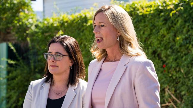 Labor leader Rebecca White, with Labor MP Ella Haddad, expressed doubt about the Liberals’ budget claims. Picture: Alastair Bett