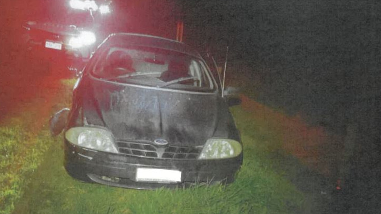 Cats star Tom Atkins' black Ford ute following the crash on Grubb Rd in Wallington on August 9. Picture; Geelong Magistrates Court.