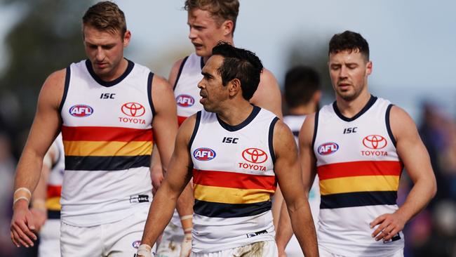 LAST GAME AS A CROW? Eddie Betts trudges from Mars Stadium, Ballarat, after Adelaide’s round 23 loss to the Western Bulldogs. Picture: SCOTT BARBOUR (AAP).