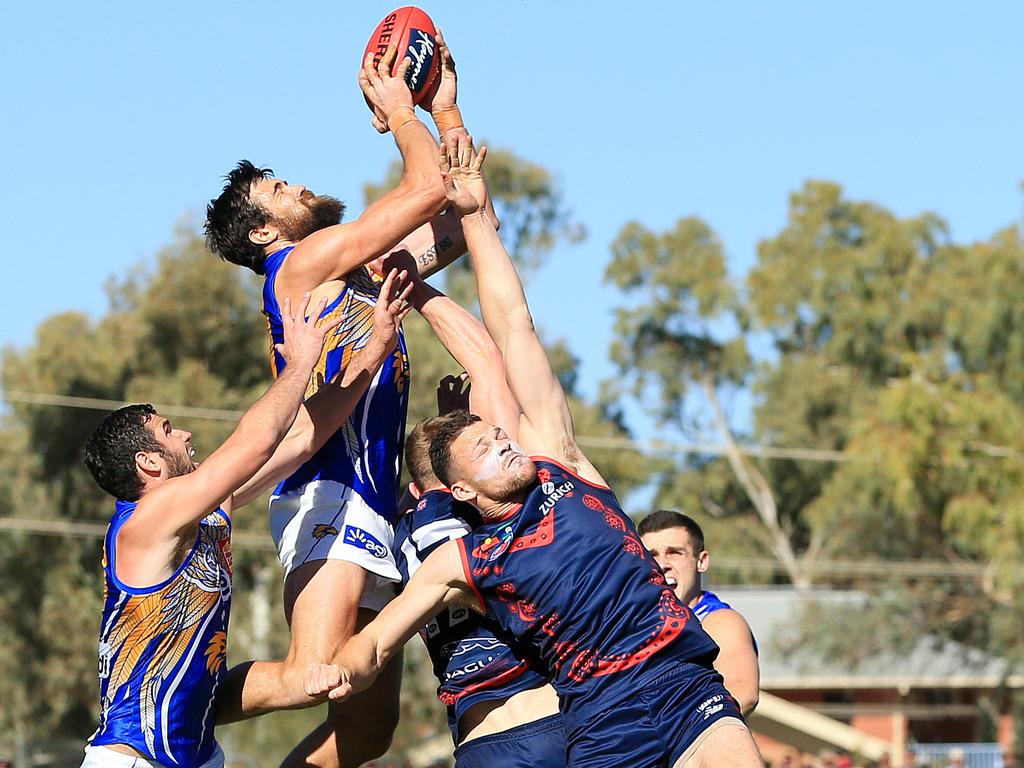 Josh Kennedy takes a big pack mark for the Eagles. Picture: Mark Stewart