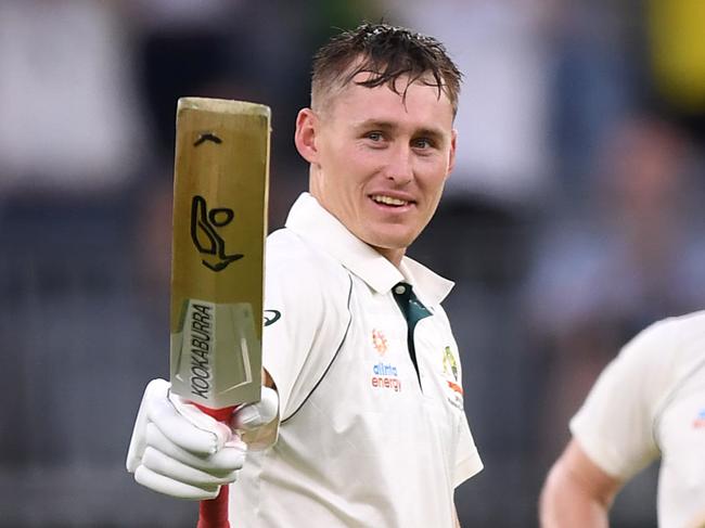 Australian batsman Marnus Labuschagne reacts after scoring a century during day 1 of the first Test match between Australia and New Zealand at Optus Stadium in Perth, Thursday, December 12, 2019. (AAP Image/Dave Hunt) NO ARCHIVING, EDITORIAL USE ONLY, IMAGES TO BE USED FOR NEWS REPORTING PURPOSES ONLY, NO COMMERCIAL USE WHATSOEVER, NO USE IN BOOKS WITHOUT PRIOR WRITTEN CONSENT FROM AAP