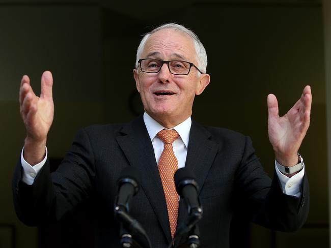 PM Malcolm Turnbull adopts a bright pose at a press conference at Parliament House after yesterday’s chaos. Picture: Kym Smith