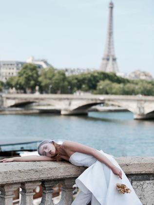 Model Romaine Aiassa in Cristina Tridente’s brocade jumpsuit in Paris. Picture: Weronika Mamot
