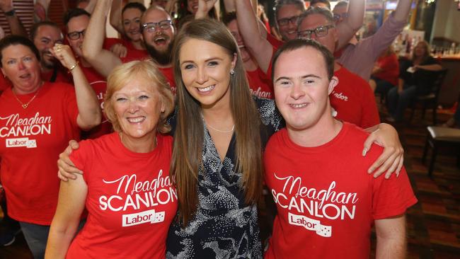 Labor candidate for Gaven Meaghan Scanlon with her Mother Margaret Scanlon, Brother Callum Scanlon and supporters at her election night party at Parkwood. Picture Mike Batterham