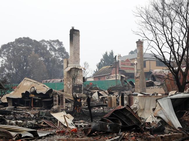 Buildings destroyed by last week's bushfire on the Princes Highway in the main street of Cobargo. The town has lost between 50-60 homes. Picture: Jonathan Ng