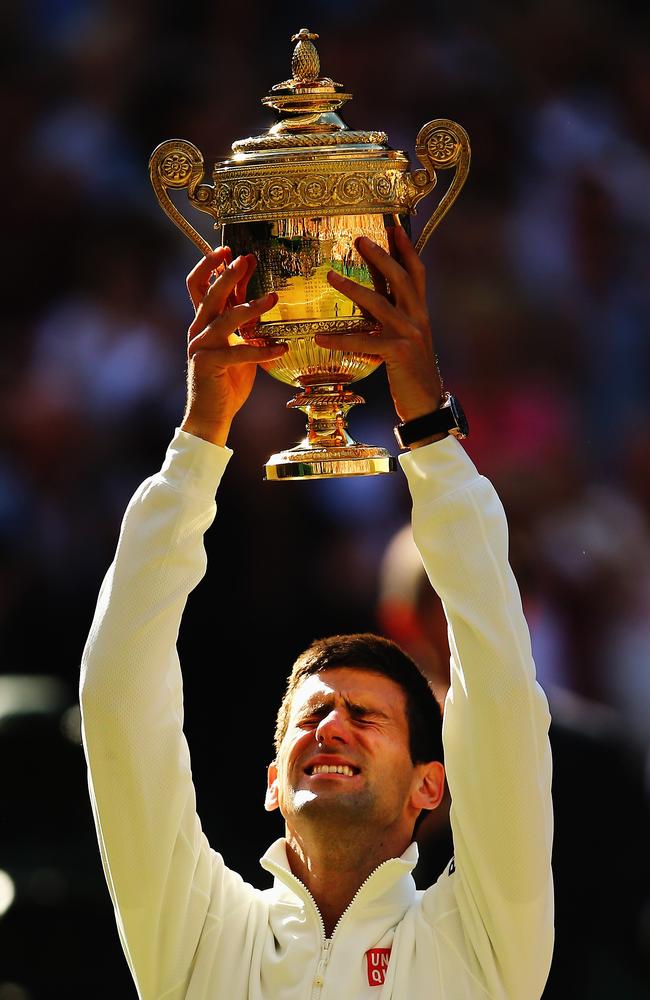 Serbia’s Novak Djokovic celebrates his victory at Wimbledon. Picture: Al Bello/Getty Images