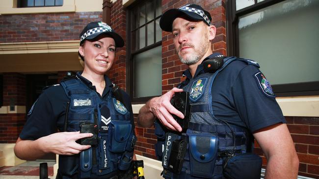 Fortitude Valley police officers with Body Worn Cameras. Picture: Claudia Baxter