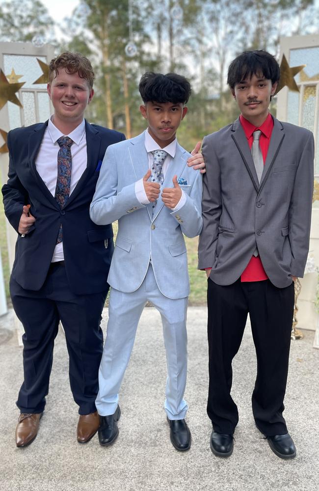 Jay Shorrock, Brandon Canino, and Sam Tramacchi arrive at the 2024 Gympie State High School graduation formal.