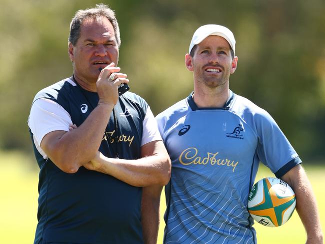 Dave Rennie and Bernard Foley plotting at Wallabies training. Picture: Chris Hyde/Getty