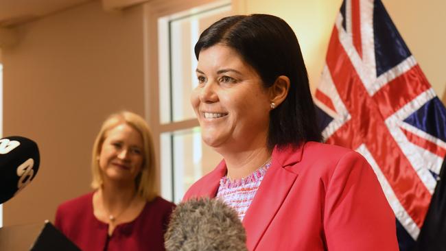 Newly appointed Chief Minister Natasha Fyles addresses media with Deputy Chief Minister Nicole Manison. Picture: (A)manda Parkinson