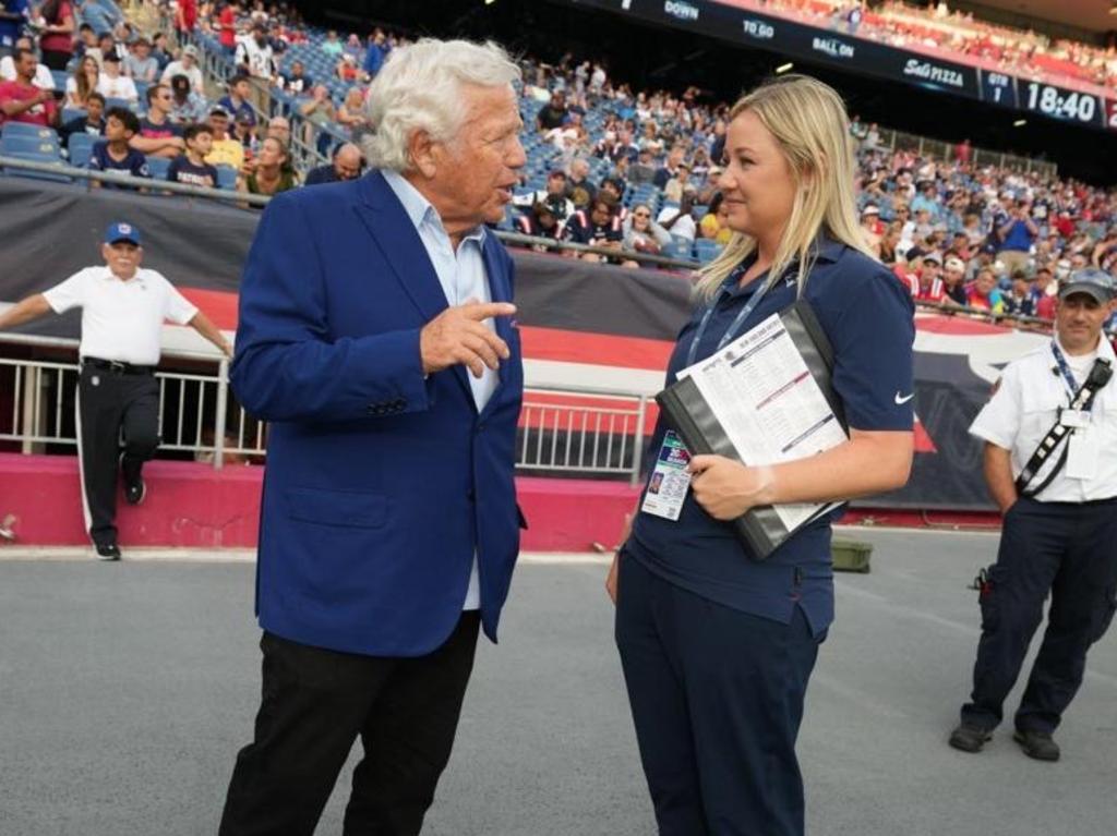 Stephanie Burnham talks to New England Patriots owner Robert Kraft.