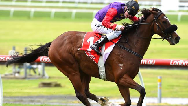 Dylan Dunn winning the first Australian race for Queen Elizabeth II on Bold Sniper at Sandown in May 2016. Picture: Vince Caligiuri–Getty Images